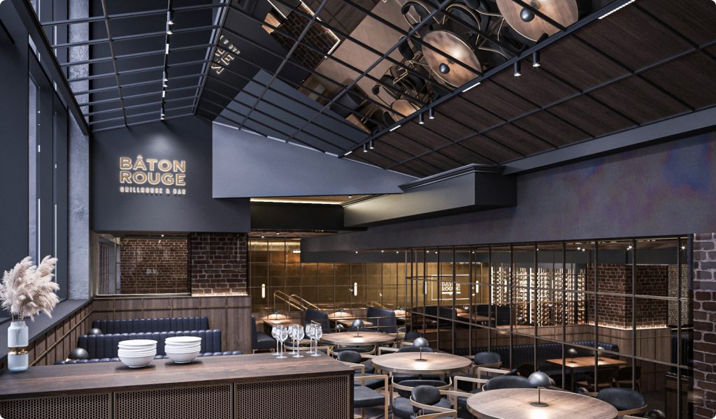 Modern restaurant interior with wooden accents and elegant seating at Bâton Rouge.