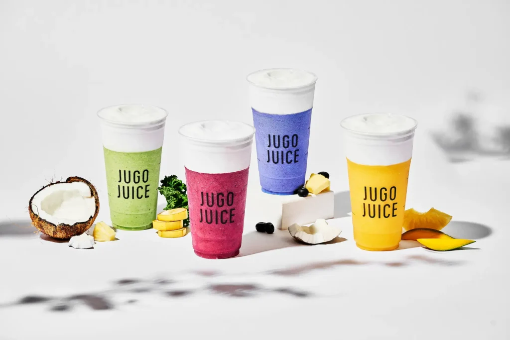 Colourful Jugo Juice smoothies made with whole fruits and vegetables represent the brand’s healthy product offering.